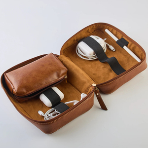 Leather <b>Tech</b> Organizer Case with Zipper Closure 7 Inch Classic Travel Electronics Storage <b>Bag</b> for Documents and Devices - Product Image 3