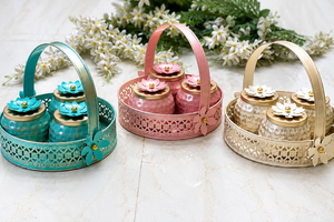 Juego de recipientes decorativos de metal para frutos secos con tapas florales y bandeja a juego, recipientes coloridos para almacenar nueces con asas - Product Image 5