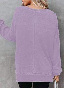 Sweat-shirt à col rond en tricot surdimensionné pour femme, manches longues, asymétrique, uni violet, pull décontracté d'automne - Product Image 2