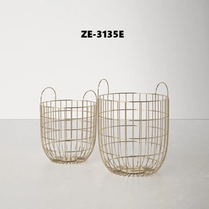 Set of 2 Round Gold Aluminum <b>Wire</b> Eco-friendly Minimalist Storage <b>Baskets</b> with Handles for <b>Laundry</b> Bedroom Bathroom Living Room - Product Image 1