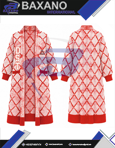Delta | Sigma | Theta Sorority <b>Women's</b> Red White <b>Longline</b> Argyle Knit Duster <b>Cardigan</b> Open Front Mandarin Collar Winter Sweater - Product Image 6
