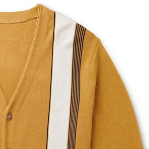Cardigan en tricot décontracté jaune moutarde rayé à col en V pour femme, manches longues, avec poches, anti-boulochage, idéal pour l'automne - Product Image 4