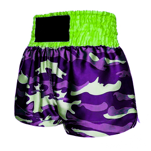 Shorts de boxe Muay Thai personnalisés, camouflage violet et vert, respirants, séchage rapide, polyester/coton, unisexe adulte, service OEM - Product Image 1