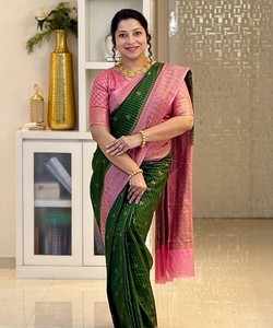 Sari de Seda Rosa y Verde para Mujer, Traje Tradicional de Boda, Largo hasta el Suelo, Sin Arrugas, Corte Regular, Estilo India Pakistán 85169 TWT 1095 - Product Image 1