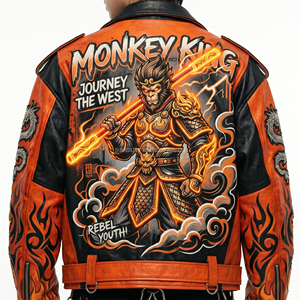 Blouson en cuir orange personnalisé pour homme, motif graphique Sun Wukong, veste de moto, streetwear Roi Singe, vente en gros - Product Image 5