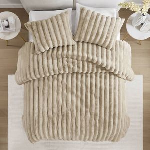 3-Piece Taupe King Ultrasoft Faux Fur Ribbed <b>Comforter</b> <b>Set</b> - Product Image 3