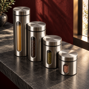 Four Piece Stainless Steel <b>Canister</b> <b>Set</b> with Brushed Finish and Viewing Windows | Modern Kitchen Storage Containers for Dry Food - Product Image 2