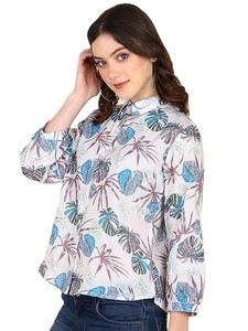 มาเซาเสื้อเชิ้ตผู้หญิงผ้าฝ้ายพิมพ์ลายคอปกแขนยาวลำลองทรงพอดีตัว - Product Image 1
