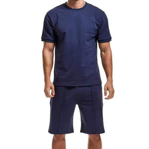 Ensemble T-shirt et short sportif pour homme, bleu marine, écologique, séchage rapide, col rond, tricoté en polyester et coton, teinture unie, vêtements d'été - Product Image 3