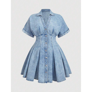 Vintage Wash Smocked Waist Denim Mini Dress This dress features a deep V neckline with a notched collar and a full length button - Product Image 6