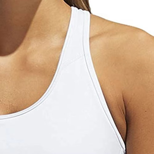 Women's White Yoga Sports <b>Bra</b> With <b>Blue</b> Contrast Band Scoop Neck Racerback Medium Support Breathable Seamless Design - Product Image 3