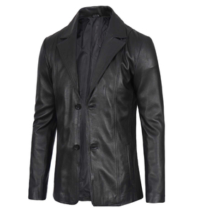 Men Black <b>Leather</b> <b>Blazer</b> Double Breasted Notched Collar Regular Fit Full Length Sleeve British Style <b>Jacket</b> - Product Image 2