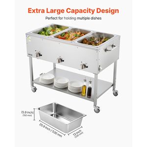 Commercial Propane Steam <b>Table</b> <b>with</b> 3-Pan LP Gas Outdoor Soup Warmer 3\" <b>Wheels</b> Stainless Steel Food Warming & Holding Equipment - Product Image 2