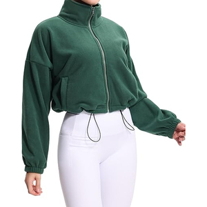 Women's Winter Hooded Full-Zip Fleece Cropped <b>Jacket</b> Adjustable Hem Streetwear Style 100% Cotton Windproof & Breathable - Product Image 2