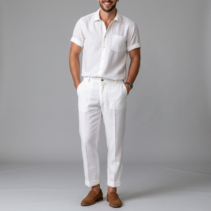 Ensemble de vêtements décontractés pour hommes, best-seller, 100% lin, chemises à manches courtes et pantalons, haute qualité, luxe, méthode de tricotage solide - Product Image 4