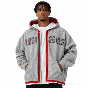 Sudadera personalizada de streetwear para hombre con triple cremallera, lavado ácido, estilo vintage, corte holgado y cuadrado, con pedrería y cremallera, talla grande. - Product Image 1