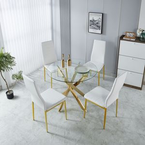 1+4,5 Pieces Mid-Century <b>Dining</b> Set with Metal Leg <b>Table</b> 4-6 People Glass <b>Top</b> Pedestal <b>Dining</b> <b>Table</b> for <b>Dining</b> Room Use - Product Image 4