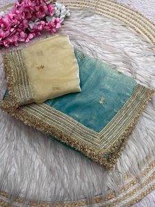 Sari en satin Fandy de créateur exclusif, avec chemisier élégant, style ethnique chic, dernière tendance, pour mariée, indien, modeste, pour soirée, pour femme - Product Image 2