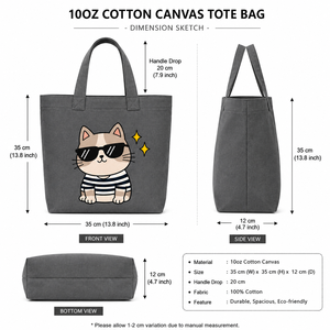 Sac fourre-tout en toile grise avec imprimé chat de dessin animé, motif chemise rayée et lunettes de soleil, style décontracté pour le voyage et le shopping - Product Image 2