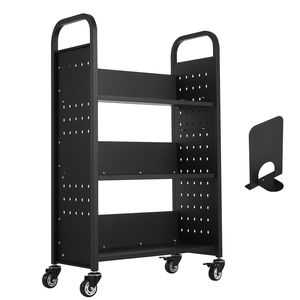 Chariot de bibliothèque roulant à une face avec étagères en forme de L, capacité de 330 lb, 30,3 x 15 x 48,0 pouces, construction métallique, verrouillage de 3 pouces - Product Image 1