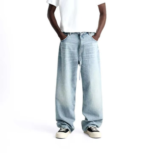 Ultra-Wide Leg <b>Bleached</b> Denim Baggy Jeans Men Light Blue Men's Straight-Leg Washed Cotton Jeans Heavyweight Streetwear Plus Size - Product Image 1