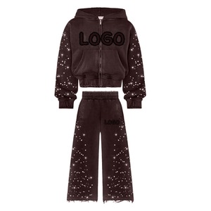 Ensemble de survêtement unisexe noir à strass épais pour l'hiver, sweat à capuche avec cordon de serrage et pantalon, imprimé pailleté, longueur intégrale, coupe classique - Product Image 5