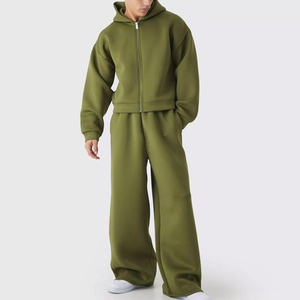 Conjunto Deportivo para Hombre, Color Verde Oliva, con Capucha, Manga Larga, Corte Holgado, Informal, Otoñal, Color Sólido, 100% Algodón, Pantalones con Cierre Frontal y Bolsillos Laterales - Product Image 1