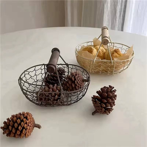 Metal Wire <b>Basket</b> with Wood Handle Decorative Serving <b>Basket</b> for Bread Food Fruit <b>Egg</b> Home Organizer Kitchen Storage Fruit Bins - Product Image 5