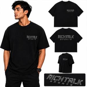 Men's <b>Collarless</b> Black Casual Short Sleeve T-<b>Shirt</b> Glitter Print Rhinestone Logo Front Breathable Summer Wear ODM Soft 100% - Product Image 1