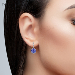 Pendientes Colgantes de Oro Real de 14k con Tanzanita Natural de 9mm y Diamantes, Joyería Personalizada al por Mayor para Mujer - Product Image 4