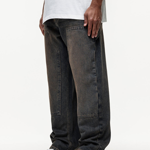 Men's Stonewashed Dark Denim Straight Leg Jeans Loose Fit Mid Waist Casual Cotton Fabric Autumn Wear - Product Image 3