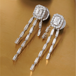 2.27 CT <b>Emerald</b> Cut Lab Grown Diamond Halo Baguette Fringe Drop Earrings in 14K Yellow Gold - Product Image 4