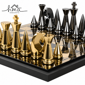 <b>Black</b> And Gold Brass Chess Set With Cylindrical Geometric Pieces Round Marble Tabletop <b>Board</b> Luxury Decor Game - Product Image 6