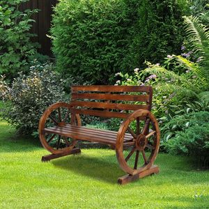 Rustic 2-Person Brown Wooden Wagon Wheel Bench with Slatted Seat and <b>Backrest</b> for Patio Use - Product Image 3