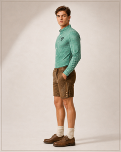 Ensemble de costume traditionnel bavarois allemand pour homme, Lederhosen personnalisé de qualité supérieure, short en cuir authentique, chemise à carreaux verts - Product Image 2
