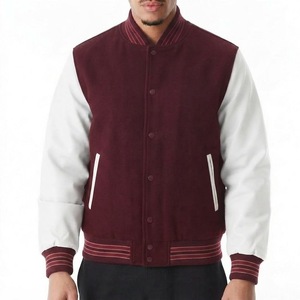 Men's Winter Maroon White Varsity <b>Jacket</b> Chenille <b>Patch</b> Contrast Sleeves Ribbed Trim Button Front Embroidery Lightweight Casual - Product Image 5