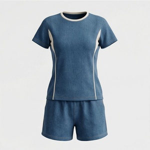 2 Piece High Quality Formal Solid Above Knee Home Wear Suit Short Sleeve T Shirt and Shorts <b>Twin</b> <b>Set</b> for Women - Product Image 1