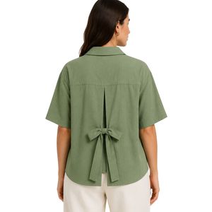 Camisa de Mujer con Botones, Bordada en Verde Oliva, Personalizada, Manga Corta, Blusa Casual de Verano, Mezcla de Lino, con Logotipo Personalizado, Top de Moda - Product Image 2