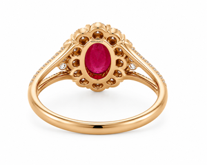 Anillo de lujo con halo de gema roja ovalada y detalles de diamantes redondos y tallo dividido para mujer en oro de 10K, 14K, 18K y plata 925, 935 - Product Image 2