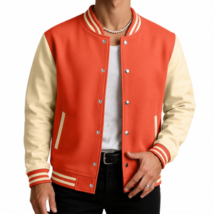 Chaqueta de Béisbol Estilo Universitario para Hombre, Mezcla de Lana, Forro Polar, Dos Tonos Naranja y Beige, Ropa Exterior Varsity, Ropa Urbana de Invierno - Product Image 2