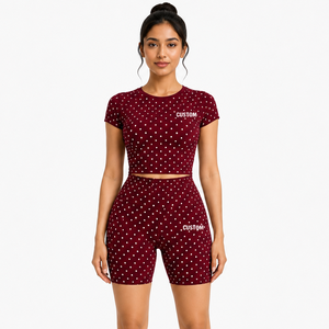 Custom Logo Women 2 Piece Yoga Set Brown Polka Dot <b>Short</b> Sleeve Crop Top <b>Shorts</b> High Waist Elastic <b>Ruched</b> Design Activewear Suit - Product Image 1