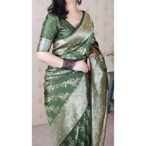 Ensemble de sari pour femme en soie douce verte Elite Weaves Mehendi Banarasi Jaal Meenakari Zari tissé avec chemisier - Product Image 2