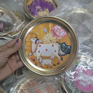 Pichwai Art Brass Thali Set Handcrafted Decorative Platters Featuring Sacred <b>Cow</b> and Lotus Motifs for Home Decor Festive Gifting - Product Image 1