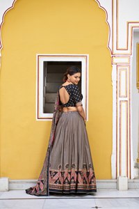 New Designer Fully Stitched Tussar Silk Printed Foil Print Lehenga Choli Set South Indian Style Party Wedding Wear Ready To Wear - Product Image 4