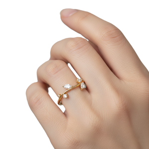 Bague de fiançailles de luxe à motif feuille, diamant de laboratoire taille marquise et rond, certifié IGI, en or massif 9K 10K 14K 18K, avec bande ondulée en or - Product Image 5