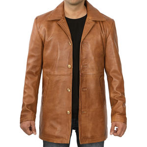Manteau long en cuir véritable pour homme, col à revers, simple boutonnage, coupe classique, marron, boutons sur le devant, imperméable et respirant - Product Image 1