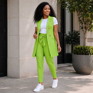 2026 Fall Office Casual Two-Piece Pants <b>Set</b> for Women Daily Wear Striped Print Sleeveless <b>Blazer</b> Button Decoration Worsted - Product Image 4