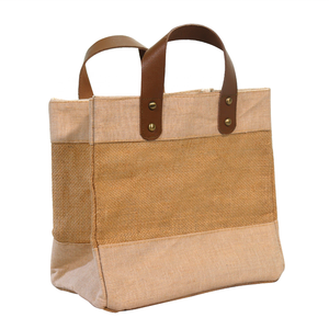 Reusable <b>Small</b> Jute Tote <b>Shopping</b> Bag with Leather Strap Handles Water Resistant Inner Lining Juco Jute Cotton <b>Shopping</b> Bag - Product Image 1
