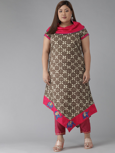 Women's Plus Size Brown Cotton Geometrical Printed A-line <b>Kurti</b> Featuring Cowl Neck And Comfortable Short Sleeves - Product Image 1