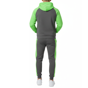 Chándal personalizado gris y verde neón para hombre - Sudadera con capucha raglán de bloques de color y pantalón deportivo con franja lateral en contraste - Product Image 2